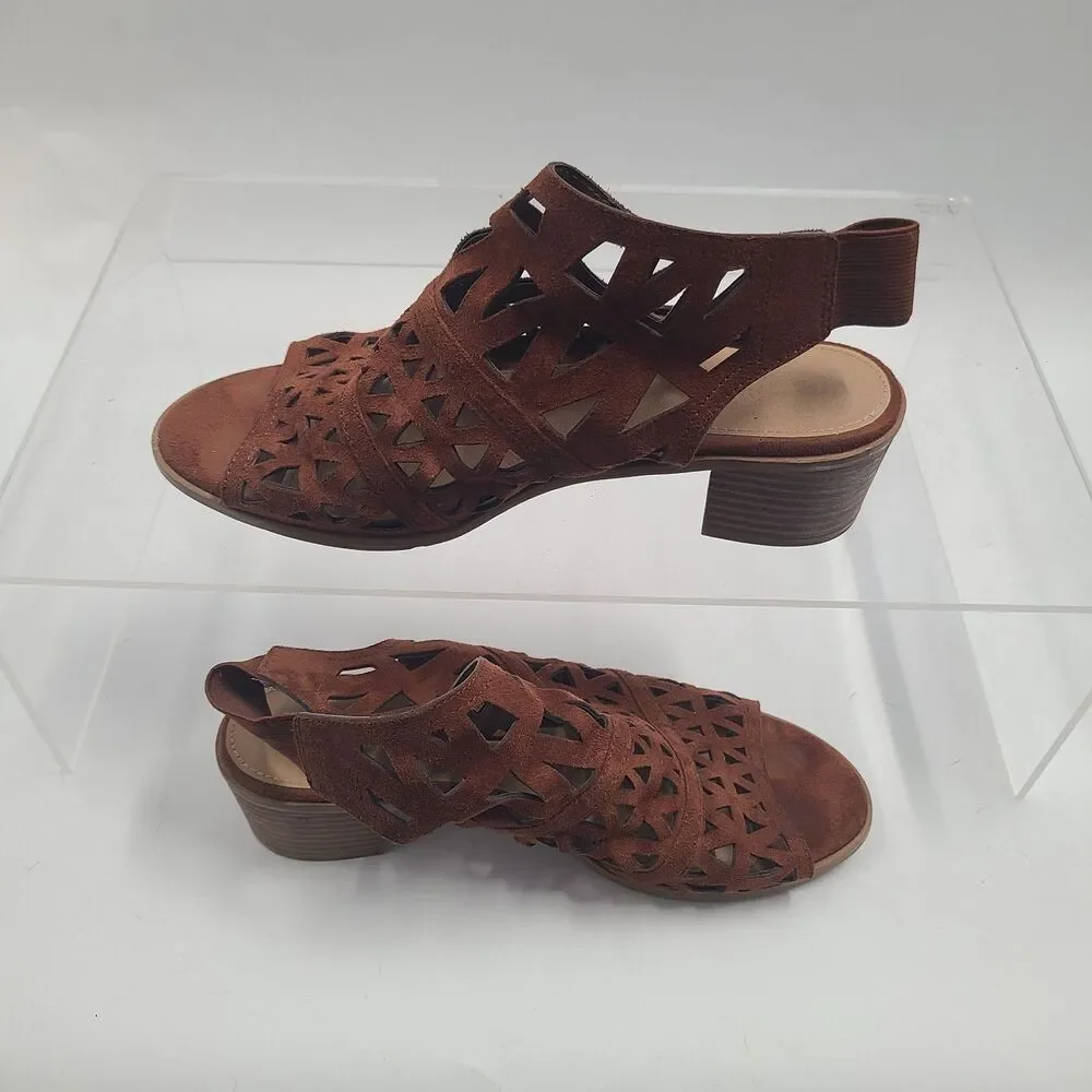 American Eagle Laser/Die Cut Brown Raquel Block Heel Open Toe Sandal Womens 8W